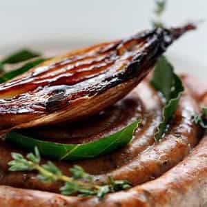 Pork sausage with caramelised onion